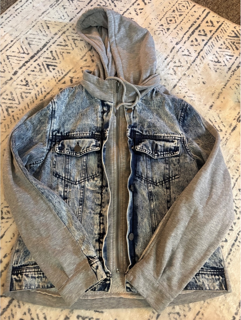BKE Women's Mixed Material Denim and Gray Hoodie Jacket, Size L